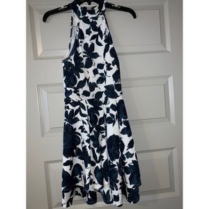 Navy & White Floral High-Neck Dress
